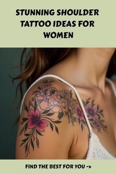 Stunning Shoulder Tattoo Ideas for Women Classy Upper Arm Tattoos For Women, Shoulder Cap Tattoos For Women Flower, Women’s Shoulder And Arm Tattoos, Cover Up Shoulder Tattoos For Women, Colorful Shoulder Tattoos For Women, Top Of Shoulder Tattoos For Women Unique, Collar Bone Shoulder Tattoo, Botanical Shoulder Tattoo, Over The Shoulder Tattoo For Women