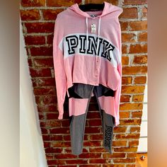 Victoria Secret Pink Nwt Cropped Hoodie And Matching Leggings Sporty Pink Sweats For Spring, Pink Winter Sweats For Streetwear, Pink Winter Streetwear Sweats, Pink Cotton Sports Sweats, Pink Long Sleeve Sweats For Sports, Pink Cotton Sweats For Sports, Pink Long Sleeve Sports Sweats, Pink Sporty Activewear For Fall, Pink Cotton Winter Activewear