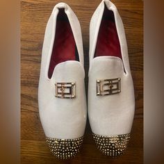 Brand New, Never Worn!! White Flat Loafers For Business, White Low-top Formal Loafers, White Flat Heel Slip-ons For Formal Occasions, White Round Toe Slip-ons For Formal Occasions, White Slip-on Almond Toe Dress Shoes, White Slip-on Dress Shoes With Almond Toe, White Formal Slip-ons With Round Toe, Formal White Slip-ons With Round Toe, White Almond Toe Slip-on Dress Shoes