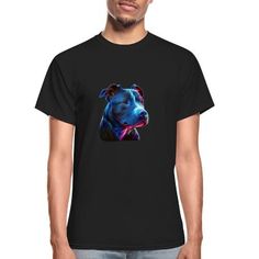 a man wearing a black t - shirt with a blue pitbull on it