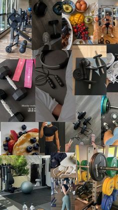 a collage of photos showing different types of gym equipment and people doing various activities