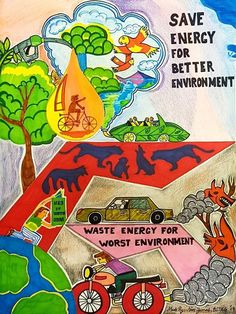 a poster with an image of people on bicycles and cars in the background that says save energy for better environment