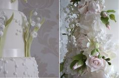 two pictures of a wedding cake with flowers on it