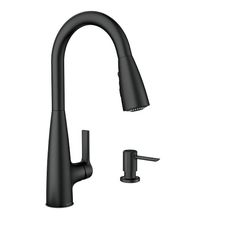 a black kitchen faucet with two handles and nozzles on the side