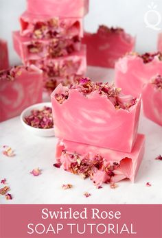 pink soap with flowers on it and text overlay that reads, swirled rose soap