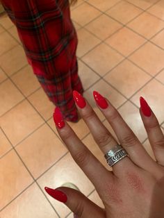 Professional Red Nails, Medium Almond Nails Red, Black Women Red Nails, Red Nails On Black Girls, Red Almond Nails Black Women, Cool Tone Red Nails, Long Almond Red Nails, Almond Red Acrylic Nails, Red Crome Nails Acrylic