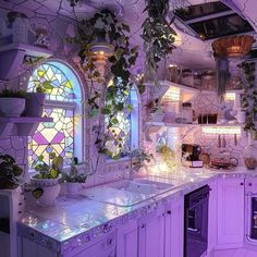 a kitchen with lots of plants growing on the wall and windows over the stove top