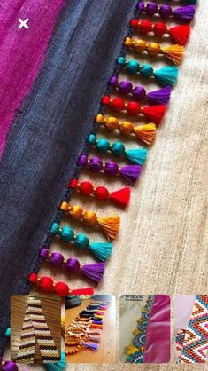 an assortment of different colored beads and tassels on a piece of cloth with text overlay