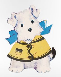 a white dog wearing a yellow jacket and blue bow