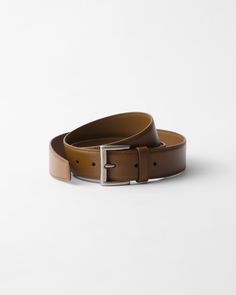 Hazelnut Leather Belt | PRADA Luxury Belts With Buckle Closure For Formal Occasions, Luxury Formal Belt With Buckle Closure, Formal Brown Bridle Leather Belt Buckles, Formal Brown Bridle Leather Belt Buckle, Classic Leather Belt Buckles With Palladium Hardware, Modern Leather Belt Buckles With Palladium Hardware, Luxury Business Belts With Buckle Closure, Designer Belts With Buckle Closure For Business, Timeless Brown Belt Buckles For Formal Occasions