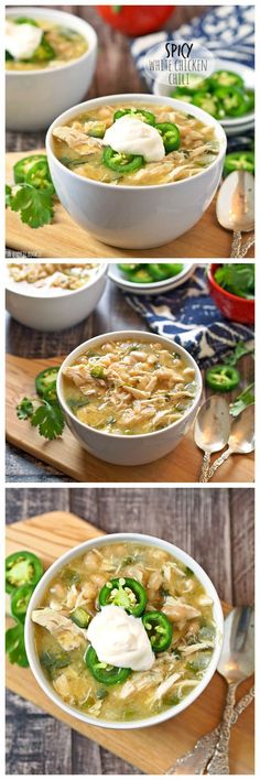 three pictures showing different types of soup in bowls