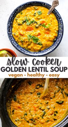 slow cooker golden lentil soup with spinach and carrots in a blue bowl