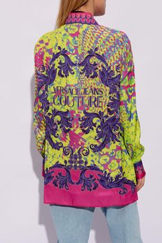 100% Viscose Luxury Silk Top With Graphic Print, Luxury V-neck Top For Spring, Luxury Long Sleeve Tops For Summer, Luxury Spring Graphic Print Shirt, Luxury Multicolor Spring Shirt, Luxury Multicolor Silk Tops, Luxury Long Sleeve Multicolor Shirt, Versace Jeans Couture, Versace Jeans