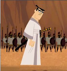 a cartoon character standing in front of a line of men with swords and armor behind him