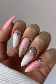 50 Glitter Nail Designs For Beautiful Dazzling Nails 31 Pink And White Glitter Nails, Pink New Years Nails, Pink New Years, New Years Nails