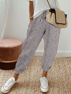 Striped Casual Loose Cotton Pants | zolucky Harem Pants Pattern, Celana Fashion, Printed Trousers, Pantalon Large, Summer Style Casual, Loose Pants, Sporty Chic, Type Of Pants, Pants Pattern