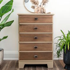 a wooden dresser with a mirror and potted plants