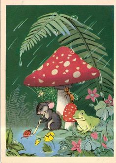 an image of a mushroom and some animals in the forest with rain falling down on them