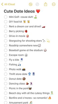 a list with different things to do in the same place on it, including food and drinks