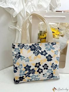 BirdinBag - Daily Use Double Handle Square Bag with Flower Pattern Letter Patch Bag Bag, Letter Patterns, Square Bag, Duffel Bag, Flower Pattern, Flower Patterns, Square, Floral, Flowers