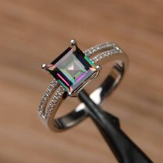 Wedding Ring Square, Rainbow Topaz, Mystic Topaz Ring, Ring Square, Flower Engagement Ring, Rainbow Gemstones, Silver Wedding Rings, Mystic Topaz, Ring Promise