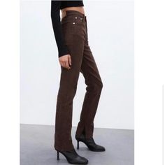 Brand New Zara 90s Slim With Split Hem -Sweet Mocha Brown Color -Slim Fit -High Rise -Zip Fly -Split Hem Fitted 90s Style Winter Bottoms, 90s Fitted Bottoms For Fall, 90s Style Fitted Bottoms For Fall, Fitted 90s Style Bottoms For Fall, White High Waisted Jeans, Drawstring Jeans, High Rise Boyfriend Jeans, Leopard Jeans, Leopard Print Jeans