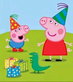 peppa pig and his friend are celebrating their birthday with presents on the grass in front of them