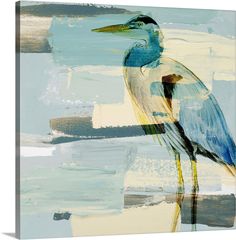 a painting of a blue heron standing in the water