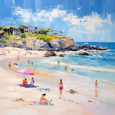 a painting of people at the beach on a sunny day