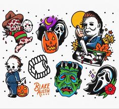 halloween stickers on a white background with pumpkins, skulls and other items in them