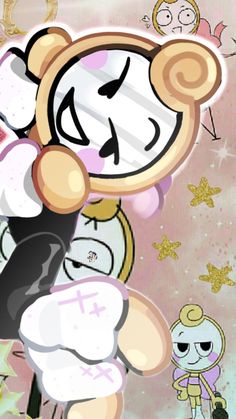 a cartoon character holding onto a clock with other characters around it on a pink background