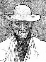 a black and white drawing of a man wearing a hat