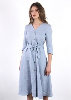 Button front linen dress Santana in bluish gray Chic Linen Dress With Buttons, Spring Daywear Linen Dress With Button Closure, Daywear Linen Button-up Dress, Linen Button-up Midi Dress, Button-up Linen Midi Dress, Linen Belted Dress For Daywear, Daywear Linen Dress With 3/4 Sleeves, Linen Dress With 3/4 Sleeves For Daywear, Spring Linen Belted Dress