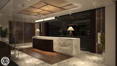 an elegant reception area with marble counter tops