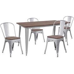 30.25 X 60 Silver Metal Table Set With Wood Top And 4 Stack Chairs By Flash Furniture | Dining Sets | Modishstore Modern Dining Rooms Contemporary, Textured Wood, Bistro Style, Solid Wood Dining Set, Silver Table, Metal Dining Table, Table Metal, Table Cafe, Cafe Tables