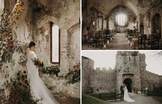 the bride and groom are standing in an old castle with flowers on their wedding day