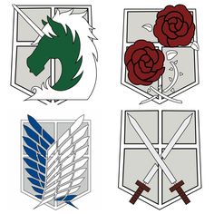 four different logos with swords, roses and arrows in the middle one has a horse head on it