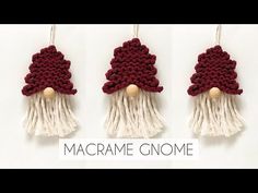 three crocheted gnome ornaments hanging from strings