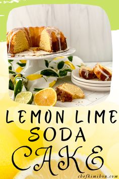 a lemon lime soda cake with slices cut out and served on plates next to sliced lemons