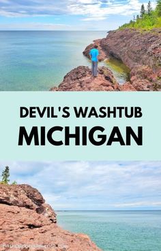 a man standing on top of a cliff next to the ocean with text overlay that reads hidden gems on lake superior