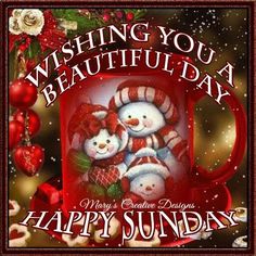 two snowmen sitting on top of a red coffee cup with the words wishing you beautiful day