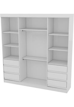 an open white bookcase with drawers and shelves on the bottom, side by side