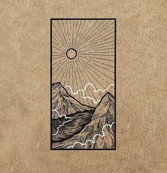 a drawing of mountains and clouds with the sun above them