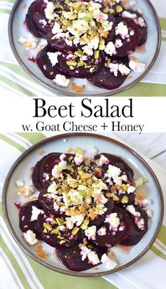 beet salad with goat cheese and honey served on a white plate, ready to be eaten