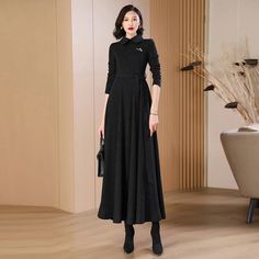 SPECIFICATIONSBrand Name: iYeiheoElasticity: Non StrechSleeve Style: regularFabric Type: WoolenPattern Type: SolidFit Type: SlimSilhouette: A-LINENeckline: Peter pan CollarDecoration: sashesStyle: CasualDresses Length: Ankle-LengthMaterial: POLYESTERMaterial: woolAge: MIDDLE AGEOrigin: Mainland ChinaCN: JiangsuSeason: Autumn/WinterClosure Type: PulloverType: regularMaterial Composition: synthetic fiberWaistline: NaturalSleeve Length(cm): FullProfile Type: XModel Number: YH15231030Place Of Origin Black Long Sleeve Midi Dress For Fall, Winter Black Long Sleeve Dress, Black Midi Evening Dress For Winter, Black Long Sleeve Midi Dress For Work, Black Long Sleeve Office Maxi Dress, Black Long Sleeve Maxi Dress For Office, Black Fitted Maxi Dress For Office, Fitted Black Maxi Dress For Office, Winter Office Dresses With Long Sleeves