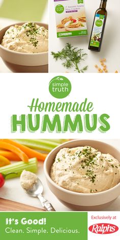 an advertisement for hummus with vegetables and dip