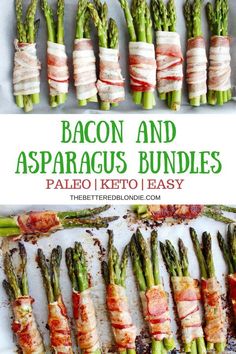 bacon and asparagus bundles on a sheet of parchment paper with text overlay