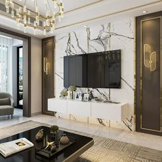 an elegant living room with marble walls and flooring, chandelier above the tv