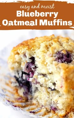 blueberry oatmeal muffins on a plate with text overlay