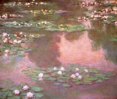 a painting of water lilies and trees in the background